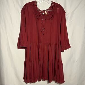 Free People Take Time Tunic Embroidered Boho Dress Scarlet Red Womens L